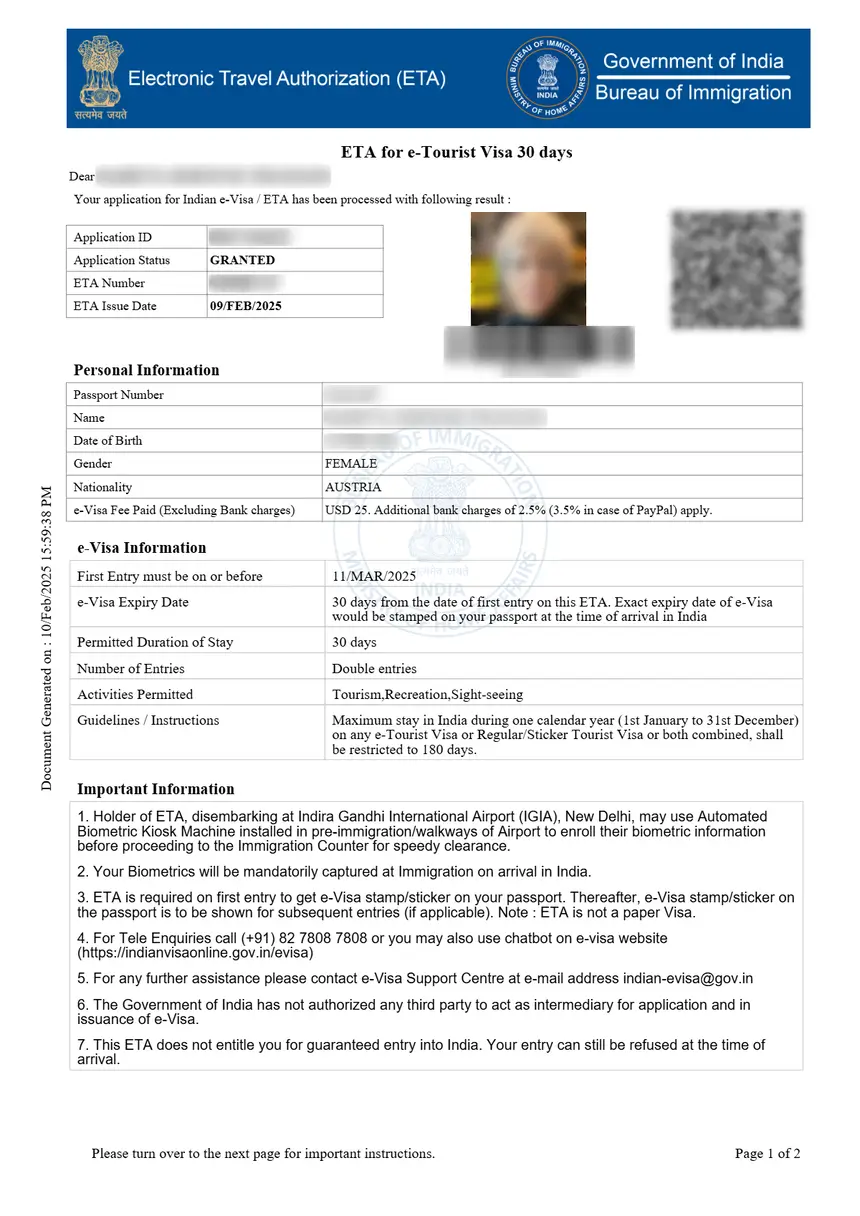 Exemple e-visa Inde